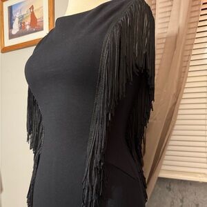 Black fringe formal party dress with zipper back AKIRA Black Label #fringedress